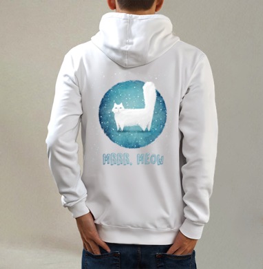 Снежный кот, Толстовка на молнии, печать на спине. муж. белая v3 320гр