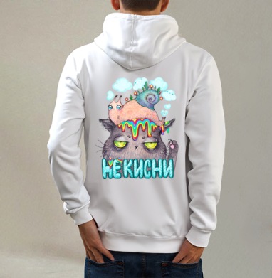 Унылый кот с яркой улиткой и радужными каплями, Толстовка на молнии, печать на спине. муж. белая v3 320гр