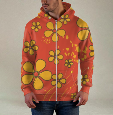 Yellow Flowers Retro Pattern – Желтые цветы ретро узор оранжевого цвета, Толстовка мужская на молнии 3Д полная запечатка