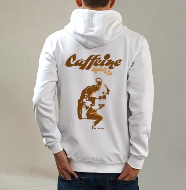 Caffeine mania/Кофеиномания минимализм ретро плакат с силуэтами бариста и чашки, Толстовка на молнии, печать на спине. муж. белая v3 320гр