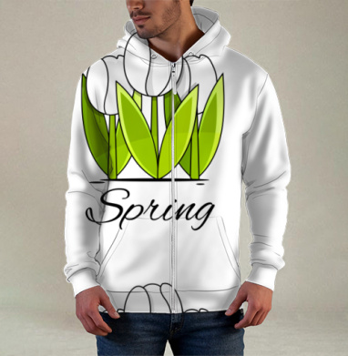 Белые тюльпаны и зелёные листья весна надпись Spring, Толстовка мужская на молнии 3Д полная запечатка