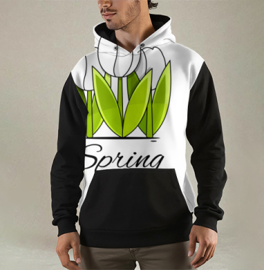 Белые тюльпаны и зелёные листья весна надпись Spring, Толстовка мужская Regular 3D