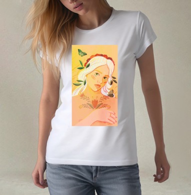 Нежная женщина с бабочками и листьями в пастельных тонах - Магазин футболок Kosinskaya