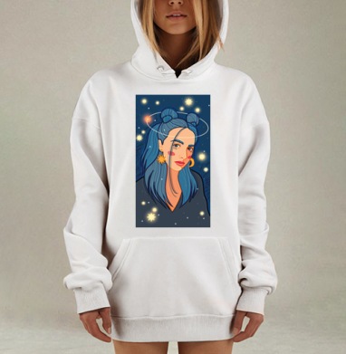 Девушка с синими волосами и звездами над головой синем фоне, Hoodie Mjhigh Dig, оверсайз, утепленная