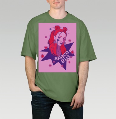 Девушка с красными волосами и космосом вокруг space girl, Футболка мужская оверсайз оливковая