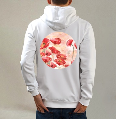 Маки, Толстовка на молнии, печать на спине. муж. белая v3 320гр
