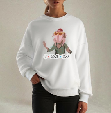 Комичный человек с индейкой на голове на фоне I LOVE YOU, Свитшот оверсайз белый женский