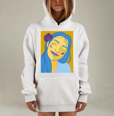 Портрет улыбающейся девушки в поп-арт стиле улыбаясь медитирует, Hoodie Mjhigh Dig, оверсайз, утепленная