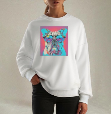 Яркий бульдог в солнцезащитных очках к лету, Свитшот оверсайз белый женский