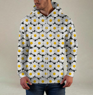 White Daisies Seamless Pattern / Бесшовный узор белые ромашки поле цветы, Толстовка мужская на молнии 3Д полная запечатка
