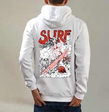 Девушка Серфер На Волне С Акулами Surf Or Die, Толстовка на молнии, печать на спине. муж. белая v3 320гр