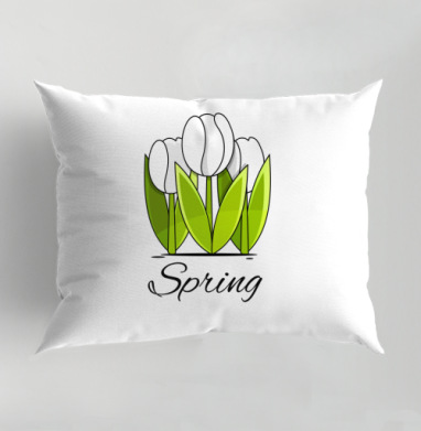 Белые тюльпаны и зелёные листья весна надпись Spring, Подушка декоративная 50х70 см