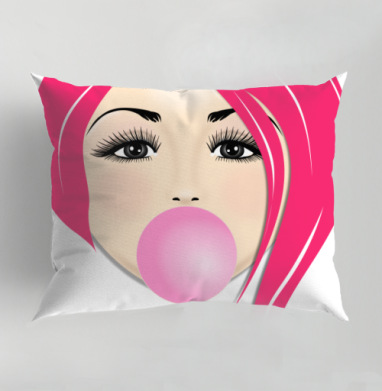 Яркая девушка с розовыми волосами и пузырчатой жвачкой bubble gum, Подушка декоративная 50х70 см