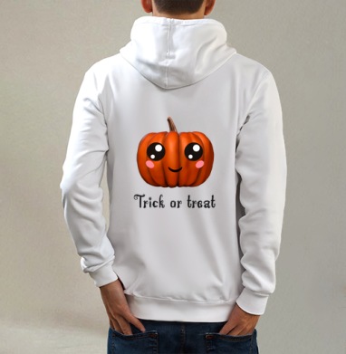 Веселая тыква для праздника Хэллоуина Trick or treat, Толстовка на молнии, печать на спине. муж. белая v3 320гр