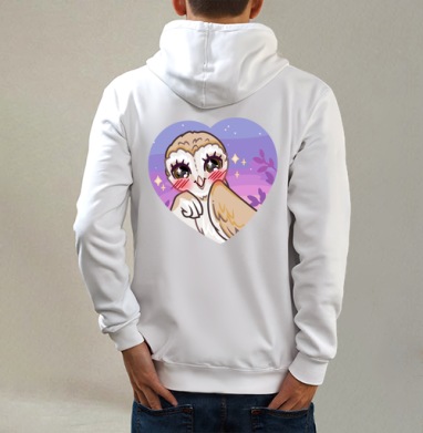 Cute owl / Милая сова, Толстовка на молнии, печать на спине. муж. белая v3 320гр