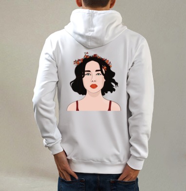 Девушка в цветах весны, Толстовка на молнии, печать на спине. муж. белая v3 320гр