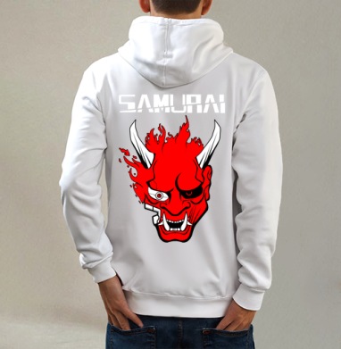 Киберпанк самурай, Толстовка на молнии, печать на спине. муж. белая v3 320гр