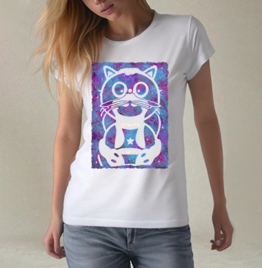 Белый кот на фиолетово голубом фоне космоса, Футболка женская белая 180гр