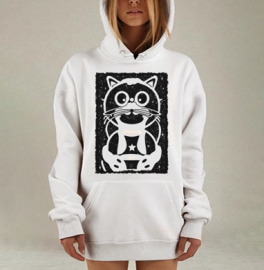 Чёрно белый кот в космосе космическая вселенная фон, Hoodie Mjhigh Dig, оверсайз, утепленная
