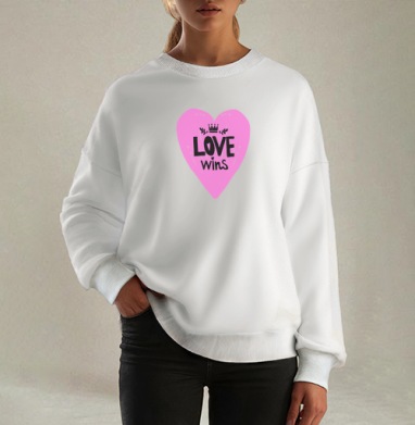 LOVE wins яркое розовое сердце с короной, Свитшот оверсайз белый женский