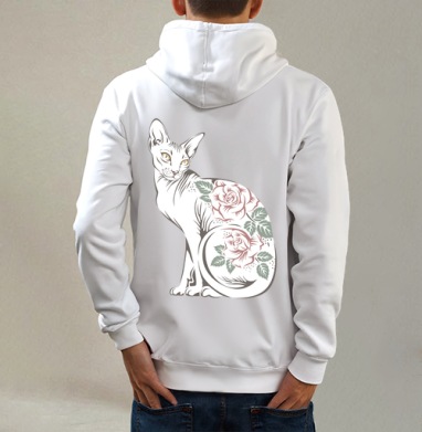 Кошка сфинкс, Толстовка на молнии, печать на спине. муж. белая v3 320гр