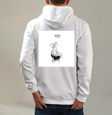 Кот и птица, Толстовка на молнии, печать на спине. муж. белая v3 320гр