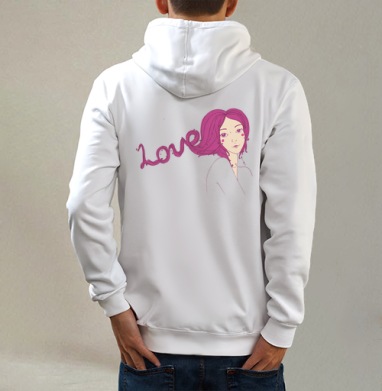Love is in the hair  / Любовь в волосах, Толстовка на молнии, печать на спине. муж. белая v3 320гр