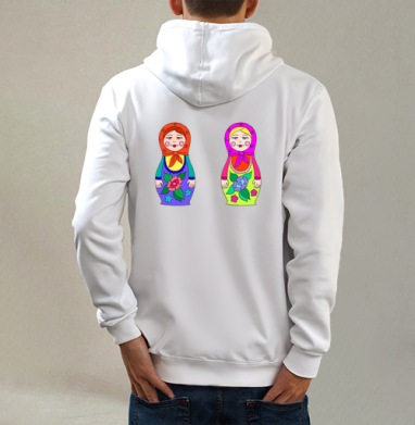Матрешки, Толстовка на молнии, печать на спине. муж. белая v3 320гр