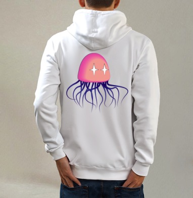 Мультяшная медуза со звёздными глазами, Толстовка на молнии, печать на спине. муж. белая v3 320гр