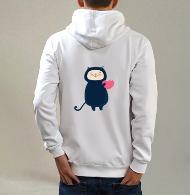 Милый котик с розовым сердцем в kawaii стиле, Толстовка на молнии, печать на спине. муж. белая v3 320гр