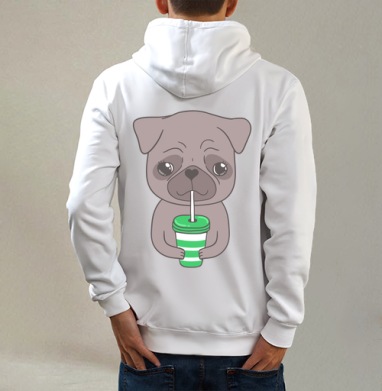 Мопс и кофе, Толстовка на молнии, печать на спине. муж. белая v3 320гр