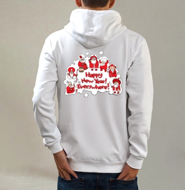 Global Santa Unites / Глобальный Санта Объединяет New Year Everywhere, Толстовка на молнии, печать на спине. муж. белая v3 320гр