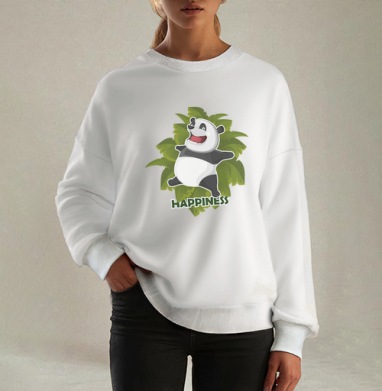 Радостная панда в прыжке / Joyful Panda HAPPINESS Счастье Радость, Свитшот оверсайз белый женский