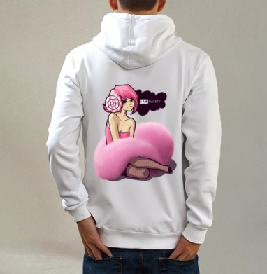 I AM SWEETY / Я сладость, Толстовка на молнии, печать на спине. муж. белая v3 320гр