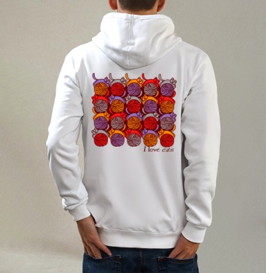 I Love cats / Я люблю кошек, Толстовка на молнии, печать на спине. муж. белая v3 320гр