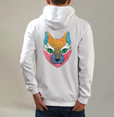 Кошачий гипноз, Толстовка на молнии, печать на спине. муж. белая v3 320гр