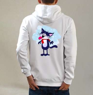 Кот и снег, Толстовка на молнии, печать на спине. муж. белая v3 320гр