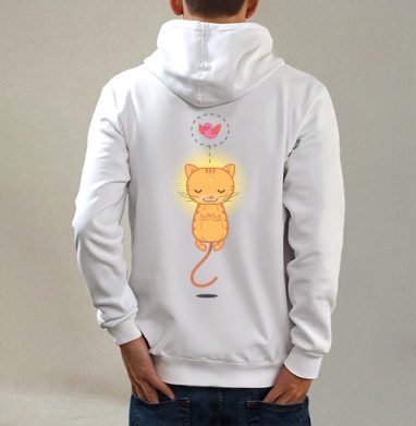 Levitating Ginger Cat / Рыжий левитирующий полосатый кот в глубокой медитации, Толстовка на молнии, печать на спине. муж. белая v3 320гр