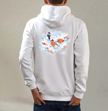 Снегири, Толстовка на молнии, печать на спине. муж. белая v3 320гр
