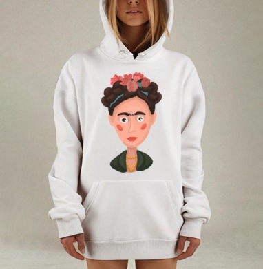 Портрет Фриды Кало с цветами в волосах в теплых тонах, Hoodie Mjhigh Dig, оверсайз, утепленная
