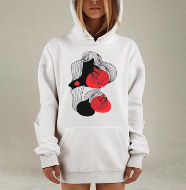 Черно белые листья с красными акцентами узор бесшовный, Hoodie Mjhigh Dig, оверсайз, утепленная