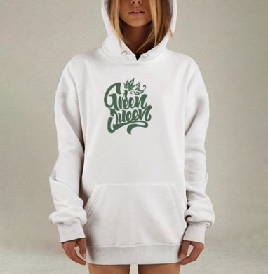 Зеленая королева листья графический каллиграфия современные линии, Hoodie Mjhigh Dig, оверсайз, утепленная