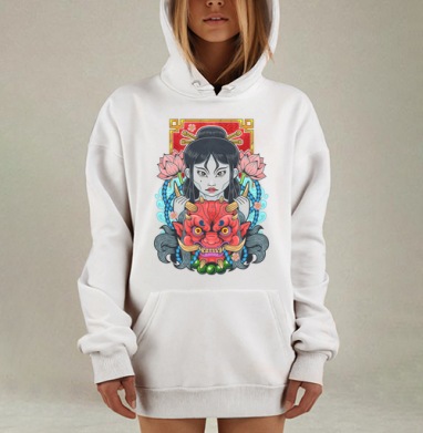 Японская маска Они и женская трансформация, Hoodie Mjhigh Dig, оверсайз, утепленная