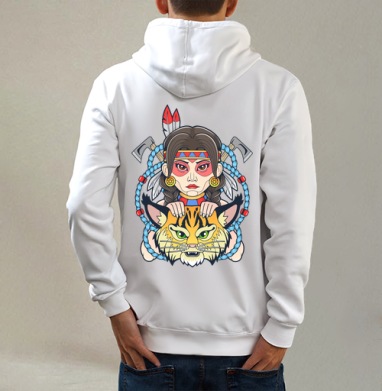 Индейская девушка с рысью в воинском образе, Толстовка на молнии, печать на спине. муж. белая v3 320гр