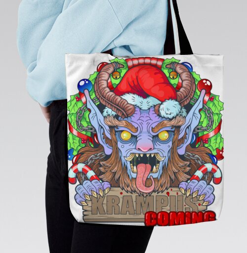 Яркий принт Крампус с надписью «KRAMPUS IS COMING», Сумка с ручкой и внутренним карманом на молнии