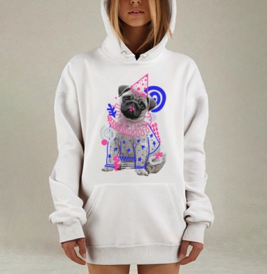Мопс в карнавальном костюме с яркими элементами и живым стилем, Hoodie Mjhigh Dig, оверсайз, утепленная