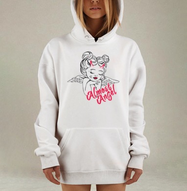 Девушка с крыльями и рогами Почти Ангел на белом фоне, Hoodie Mjhigh Dig, оверсайз, утепленная