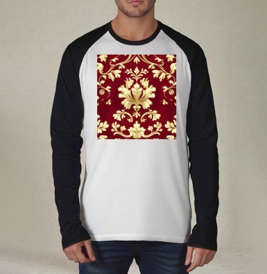 Золотой дамасский узор на темном бордовом фоне Golden damask pattern, Футболка длинный рукав / Мужчинам / Реглан / Принт