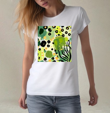 Яркие зеленые джунгли золотая абстракция Abstract tropical jungle, Футболка женская белая 180гр