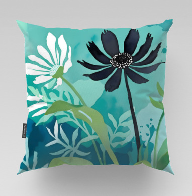 Modern Teal Floral Composition / Абстрактная бирюзовая цветочная композиция, Подушка велюр плюшевая 45х45